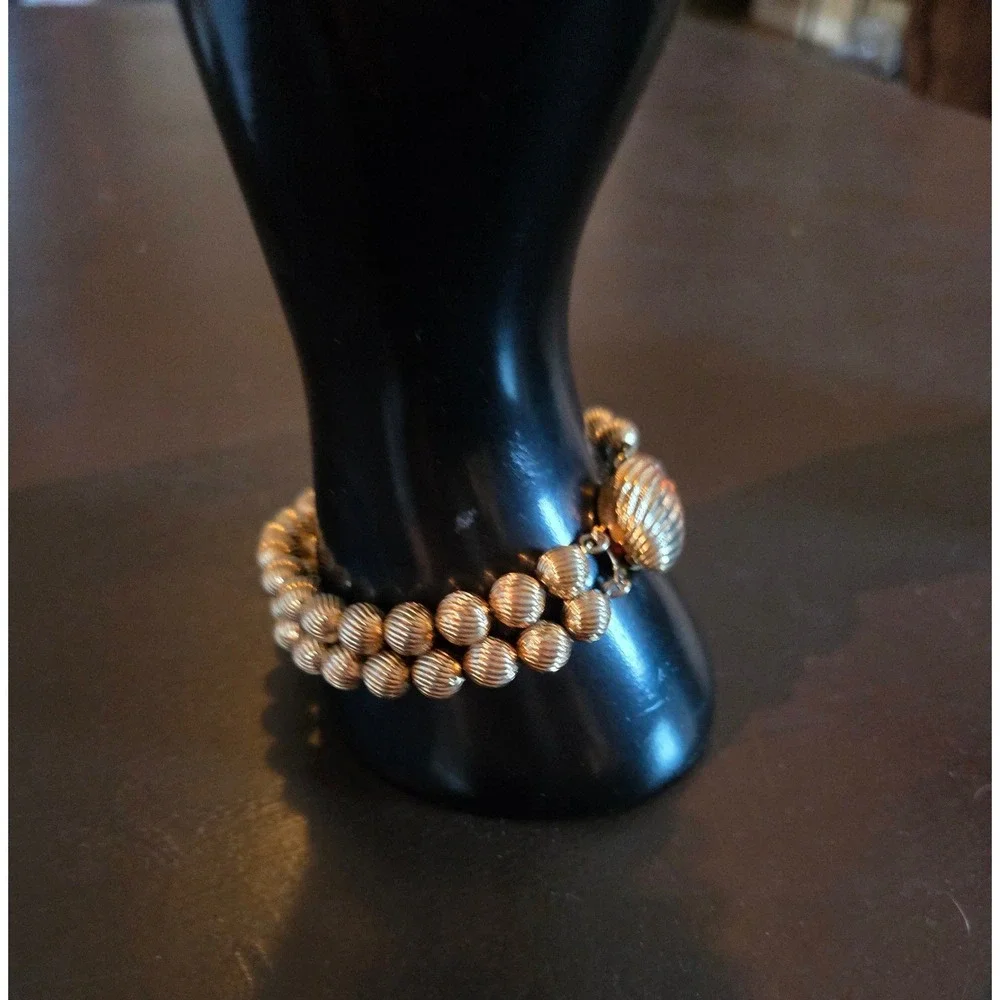 Vintage Style Double Strand Gold Tone Ribbed Bead Bracelet Statement Jewelry